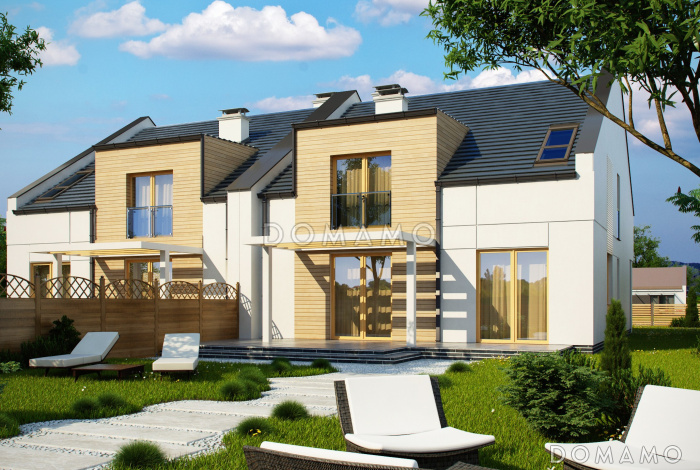 Проект мансардных домов-близнецов из газобетона с гаражом и современными элементами дизайна