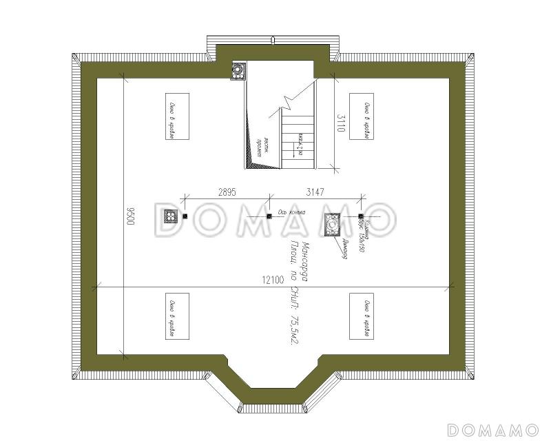 Проект двухэтажного коттеджа с четырехскатной кровлей / План мансардного этажа