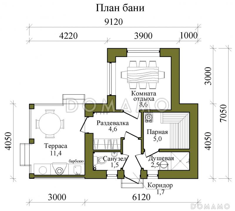 План кирпичной бани с барбекю в средневековом английском стиле / План 1 этажа