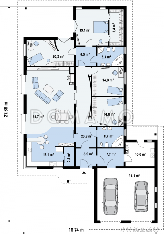 Проект просторного одноэтажного дома из кирпича с фронтальным гаражом, четырьмя спальнями и большой гостиной / План 1 этажа