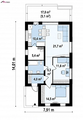 Проект компактного одноэтажного дома из газобетона для небольшой семьи / План 1 этажа