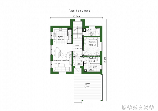 Проект двухэтажного дома с 3 спальнями, гостевой, большой ванной и террасой / План 1 этажа