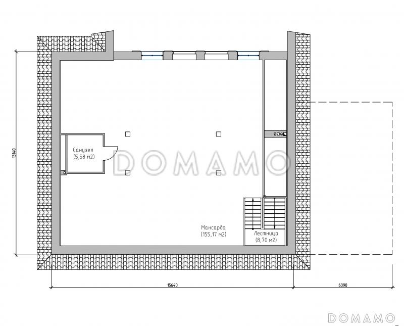 Проект большого современного дома с цокольным этажом и навесом для двух автомобилей / План мансардного этажа