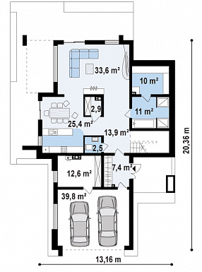 Проект просторного двухэтажного дома из газобетона с четырьмя спальнями,  гаражом и сауной / План 1 этажа