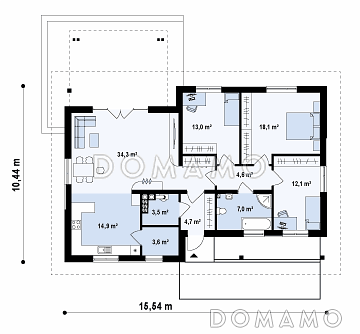 Проект практичного одноэтажного дома из кирпича с двумя частично крытыми террасами / План 1 этажа