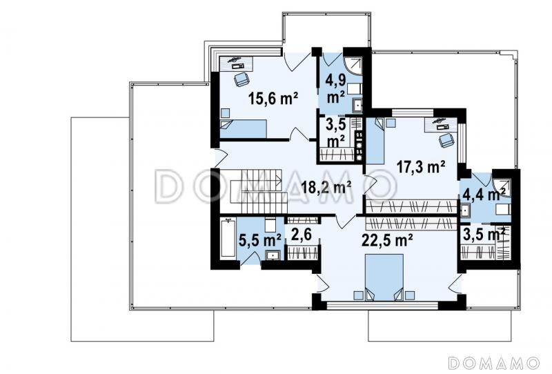 Проект просторного современного двухэтажного дома из кирпича, с пятью комнатами, гаражом и террасой над ним / План 2 этажа