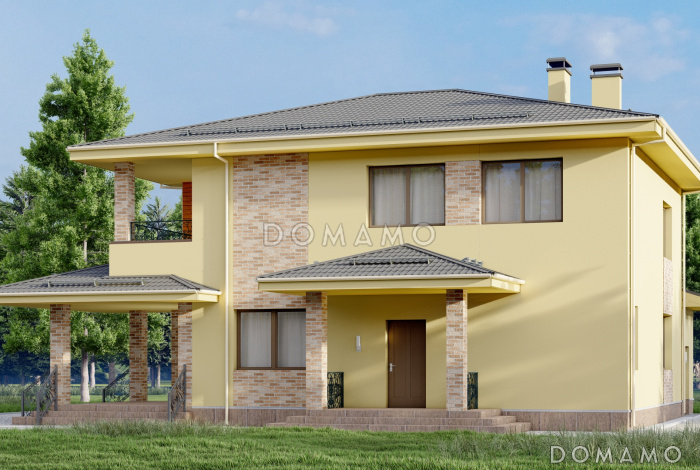 Проект двухэтажного дома с погребом, сауной, террасой и балконом