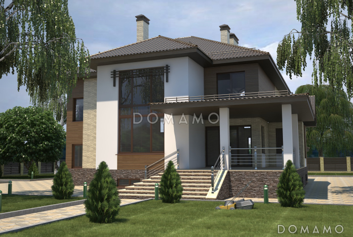 Проект особняка в трех уровнях, с комнатой отдыха на чердаке, с мастерской, гаражом и навесом под автомобиль