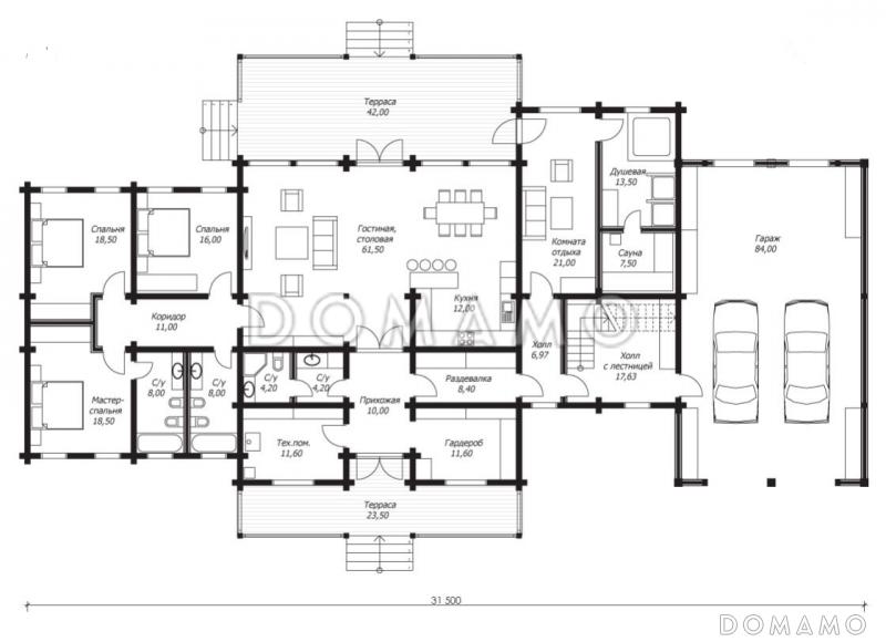Проект большого дома из клееного бруса с гаражом на два авто / План 1 этажа