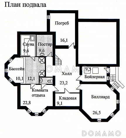 Проект дома из кирпича с необычной в плане каминной комнатой / План цокольного этажа