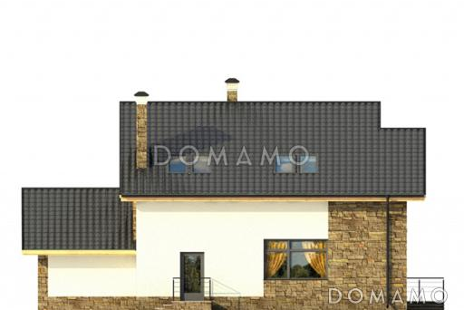 Проект светлого дома с бильярдной и спортзалом в цокольном этаже,  длинным балконом,  панорамными окнами в спальне на мансарде / Фасад 4