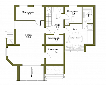 Проект коттеджа с башенкой и гаражом / План цокольного этажа