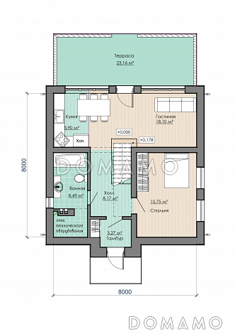 Проект компактного дома с тремя спальнями и открытыми террасами на обоих этажах / План 1 этажа