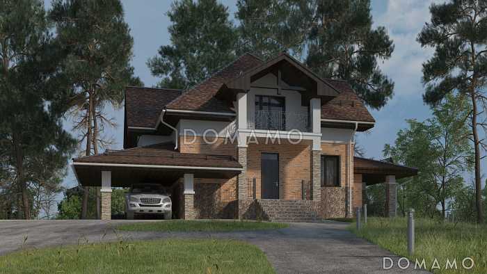Проект дома с использованием трёх видов отелочных материалов, с навесом для автомобиля и террасой