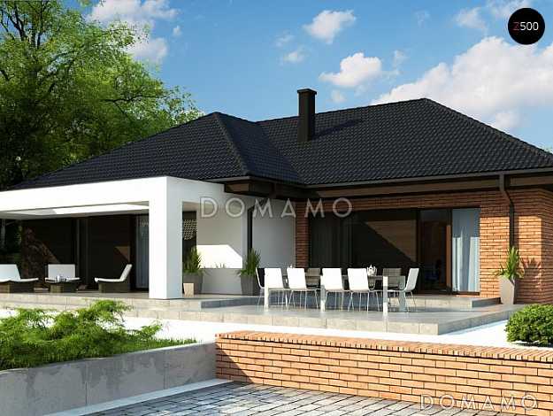 Проект одноэтажного просторного дома из кирпича с отрытой террасой и гаражом для двух автомобилей