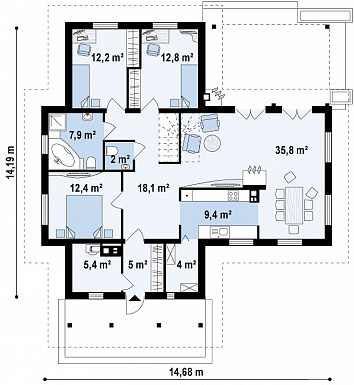 Проект одноэтажного дома из газобетона с тремя спальнями и барбекю на террасе / План 1 этажа