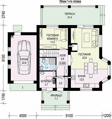 Проект одноэтажного газобетонного дома с мансардой, гаражом и террасой / План 1 этажа
