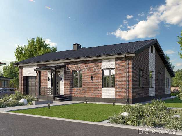 Проект одноэтажного дома из газобетона с 3 спальнями, верандой и гаражом