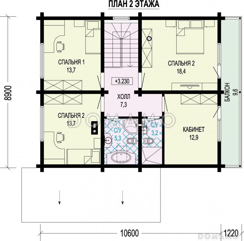 Проект двухэтажного дома в стиле шале из газобетона и бруса / План 2 этажа