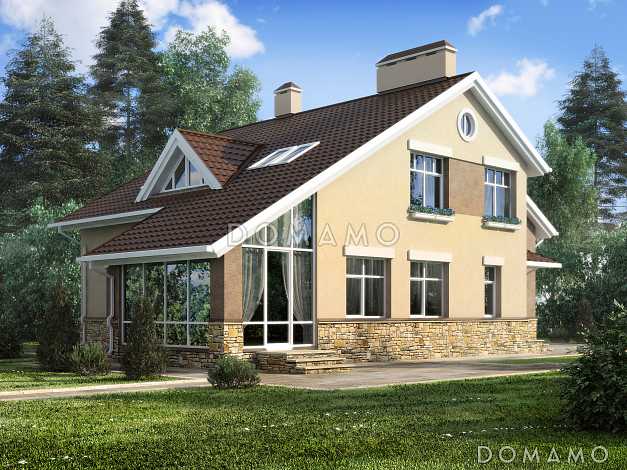 Проект загородного дома с темно-коричневой двускатной крышей и просторной гостиной с камином