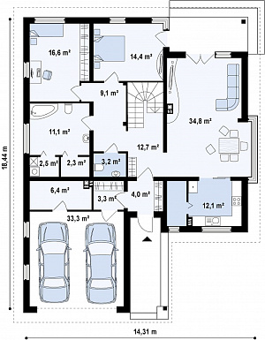 Проект одноэтажного мансардного дома из газобетона со стеклянным эркером и гаражом на два автомобиля / План 1 этажа
