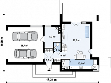 Проект современного двухэтажного дома из кирпича с тремя спальнями, пристроенным гаражом и террасой над ним / План 1 этажа