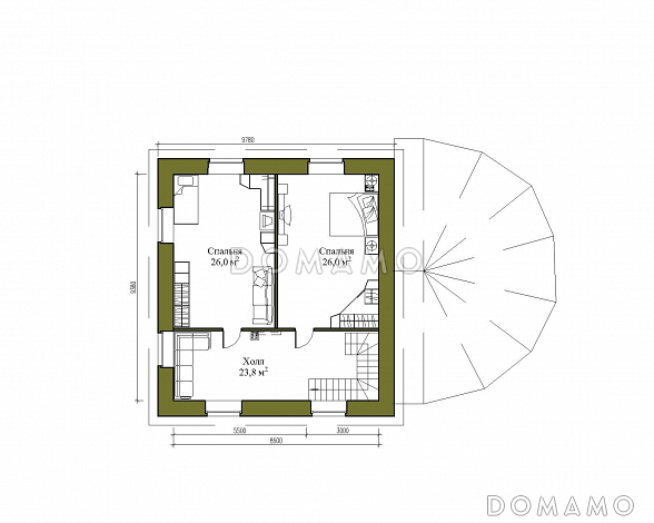 Проект двухэтажного помещения бассейна с двумя спальнями и гаражом / План 2 этажа