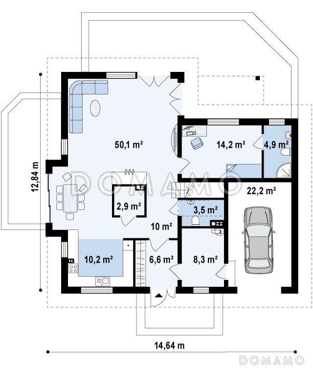 Проект просторного одноэтажного мансардного коттеджа из газобетона с гостевой спальней на первом этаже, кабинетом и гаражом / План 1 этажа