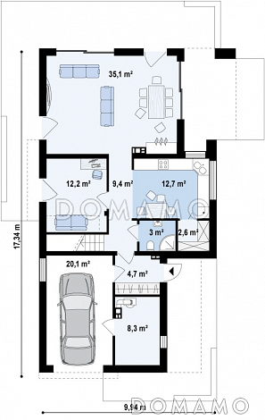 Проект современного двухэтажного дома из кирпича в стиле модерн, с террасой на втором уровне и встроенным гаражом / План 1 этажа