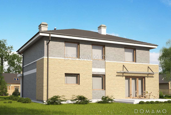 Проект современного двухэтажного дома из газобетона, адаптированного под сейсмику, с четырьмя спальнями, балконом и встроенным гаражом 