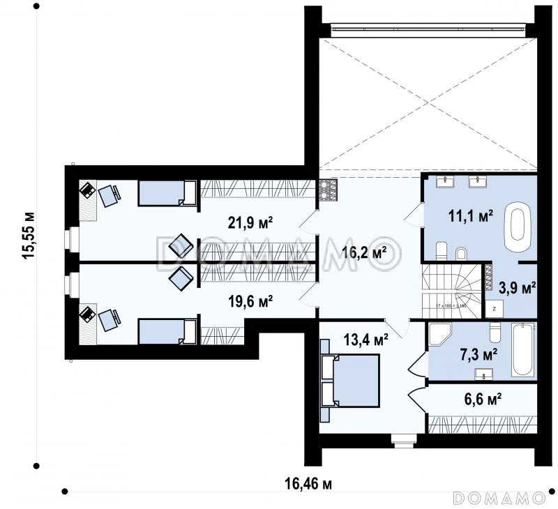 Проект современного одноэтажного мансардного дома из газобетона с панорамным остеклением, вторым светом и с гаражом  / План мансардного этажа