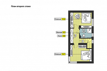 Проект дома с  крытой террасой, дровником, гостиной с камином, парной, двумя спальнями на мансардном этаже / План мансардного этажа