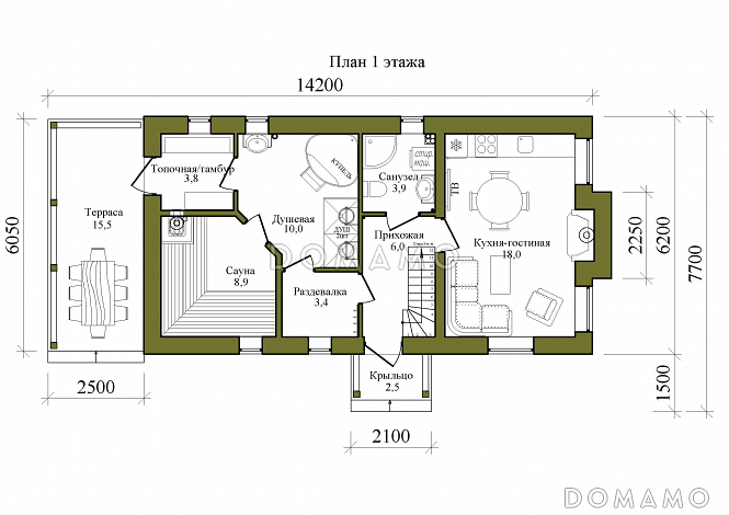 Проект одноэтажной бани с террасой и мансардой / План 1 этажа