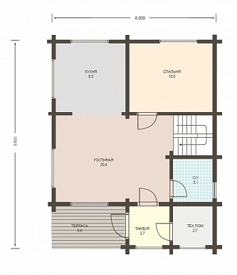 Проект дачного дома с мансардой до 100 м. кв. из клееного бруса / План 1 этажа