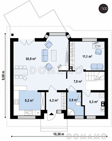 Проект одноэтажного мансардного дома из газобетона с тремя спальнями, кабинетом и эркером в гостиной / План 1 этажа