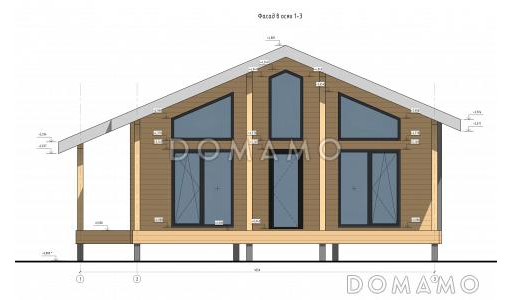 Проект одноэтажного каркасного дома с двумя спальнями и террасой / Фасад 1