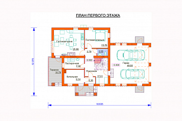 Проект дома с гаражом на две машины, просторной кухней-гостиной с выходом на террасу, гостевой спальней на первом этаже, балконами / План 1 этажа