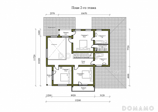 Проект двухэтажного дома из газобетона и бруса, с тремя балконами и террасой / План 2 этажа