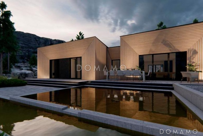 Проект одноэтажного дома с плоской крышей, просторной кухней-гостиной, гаражом на две машины, мастер-спальней