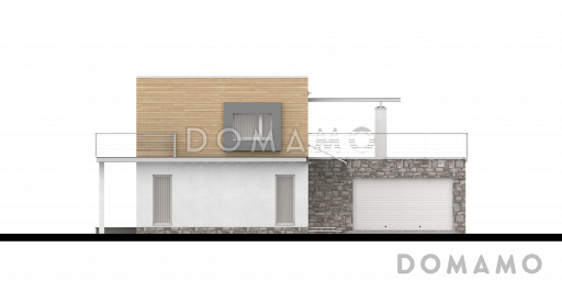 Проект современного двухэтажного дома с плоской крышей из кирпича с четырьмя спальнями, гаражом и просторной террасой над ним / Фасад 2