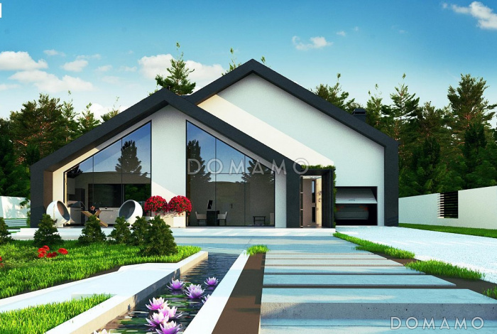 Проект современного одноэтажного мансардного дома с двухскатной крышей из газобетона с четырьмя комнатами и гаражом