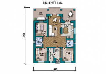 Проект одноэтажного дома со свободной планировкой дневной зоны, тремя спальнями и большой террасой / План 1 этажа
