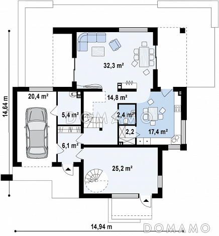 Проект двухэтажного дома из газобетона с тремя спальнями, гаражом и коммерческим помещением с отдельным входом / План 1 этажа
