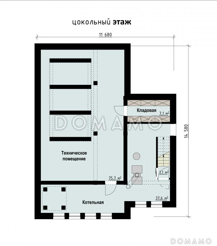 Проект загородного дома с бассейном, комнатами для отдыха и спорта, террасами, большим гаражом, спальнями на втором этаже / План цокольного этажа