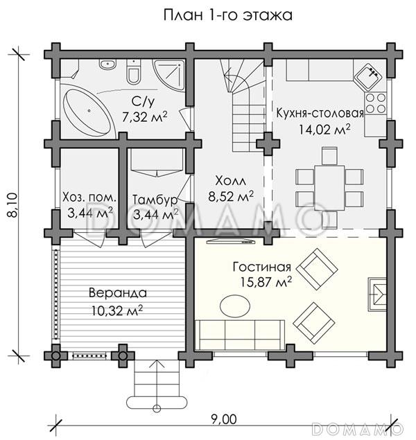 Проект дома из бревна с тремя просторными спальнями / План 1 этажа