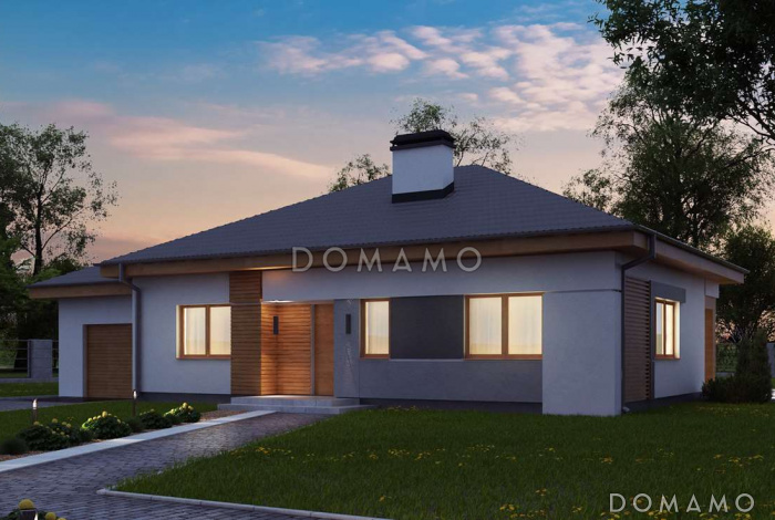 Проект одноэтажного дома из кирпича с тремя спальнями и небольшой крытой угловой террасой, увеличенная версия 273 с гаражом