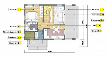 Проект двухэтажного каркасного дома с 4 спальнями и просторной лоджией / План 1 этажа