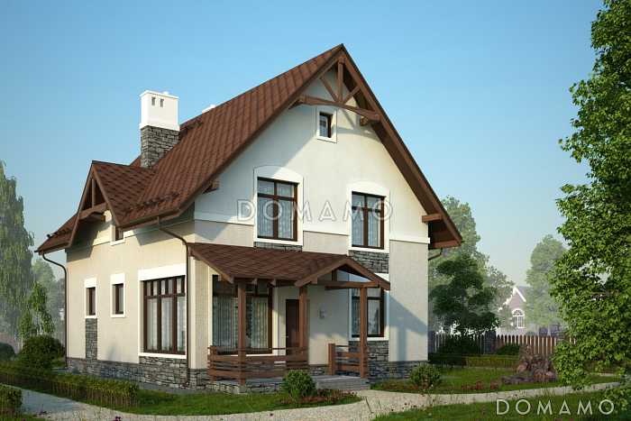 Проект теплого дачного дома с остекленной верандой и декоративными балками под коньком крыши