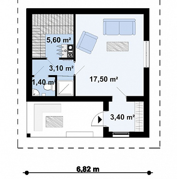 Проект небольшой бани из газобетона с комнатой отдыха и крытой террасой / План 1 этажа