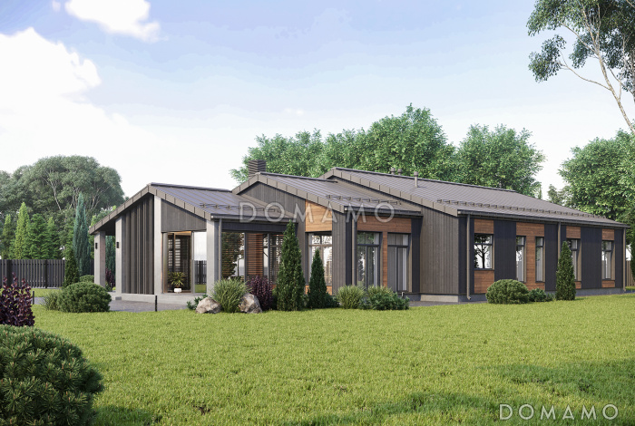 Проект дома с мастер-спальней, просторной дневной зоной, кабинетом и тремя детскими